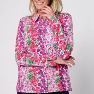 Isaac Mizrahi Live Floral Print Button Down Knit Shirt Top 2XL Allover Print